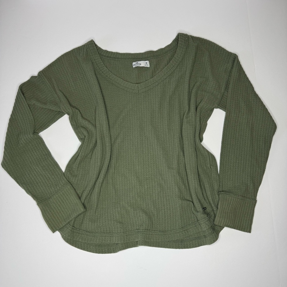 Hollister Olive Green Waffle Knit Oversized Long Sleeve Top Size M V-Neck